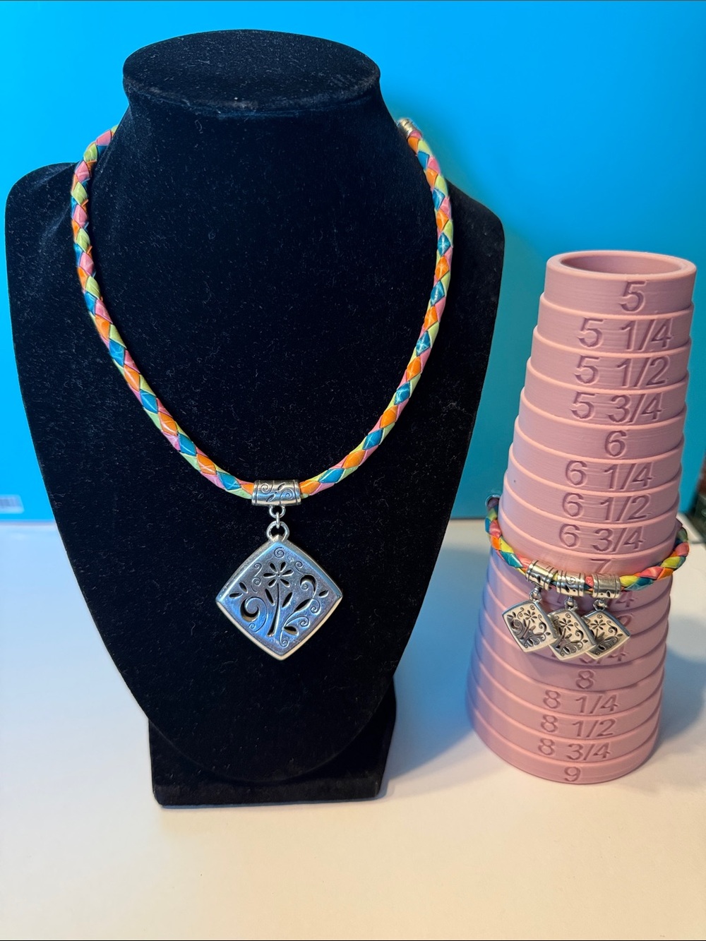 Brighton Multicolor Braided Cord Necklace with Silver Tree Square Pendant